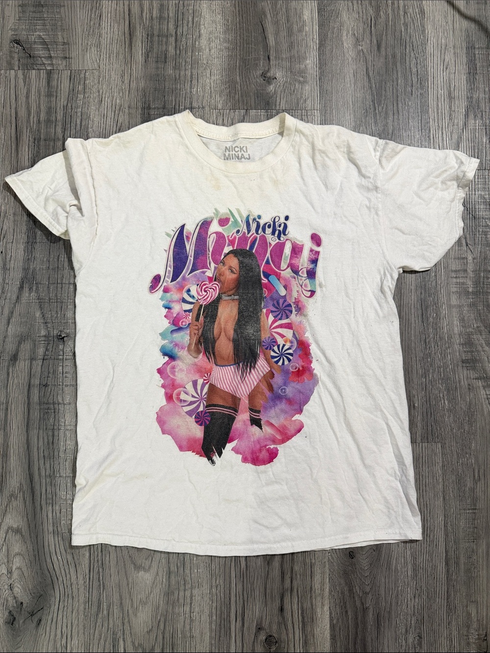 Nicki Minaj White Graphic Tee with Pink & Purple Candy Artwork
